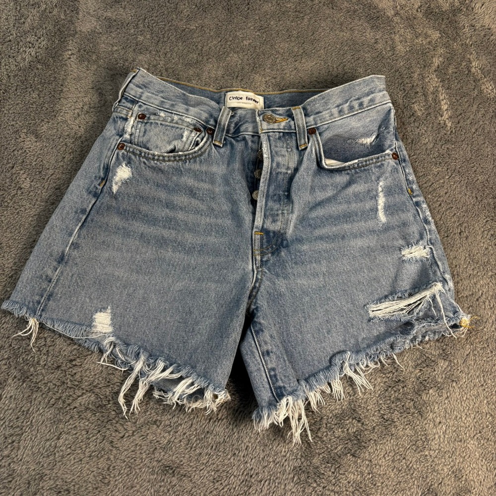 Agolde Distressed High Rise Denim Shorts Light Wash Blue Size 24 Button Fly